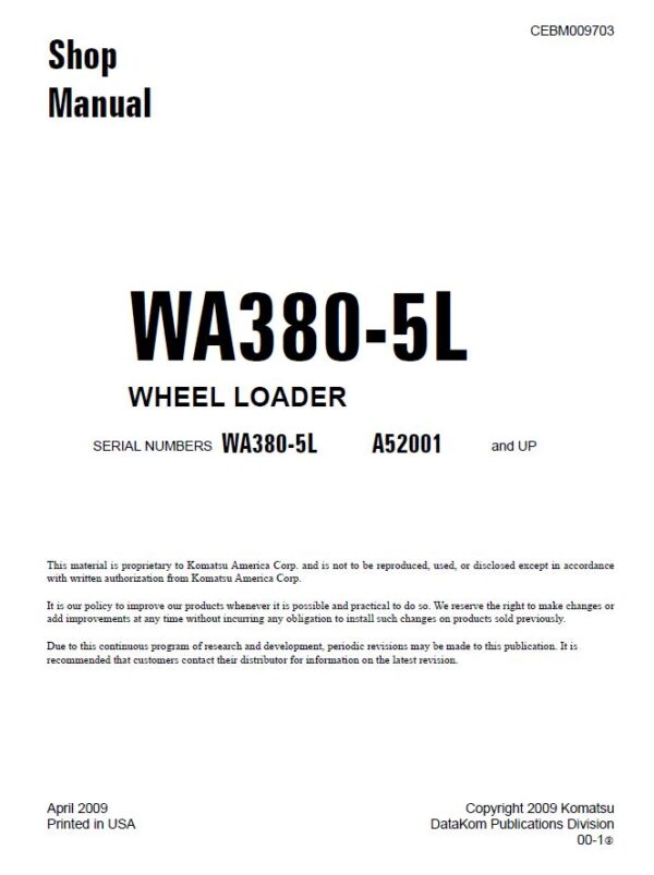PDF راهنمای کامل تعمیرات و عیب یابی مکانیکی و برقی لودر کوماتسو مدل WA380-5 Series + شامل نقشه های مدارهای سیم کشی برق