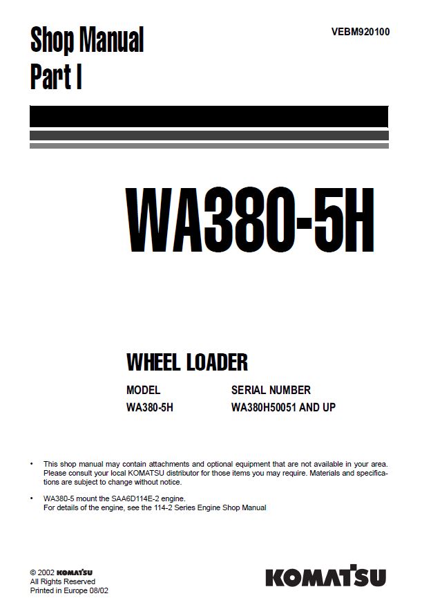 PDF راهنمای کامل تعمیرات و عیب یابی مکانیکی و برقی لودر کوماتسو مدل WA380-5 Series + شامل نقشه های مدارهای سیم کشی برق