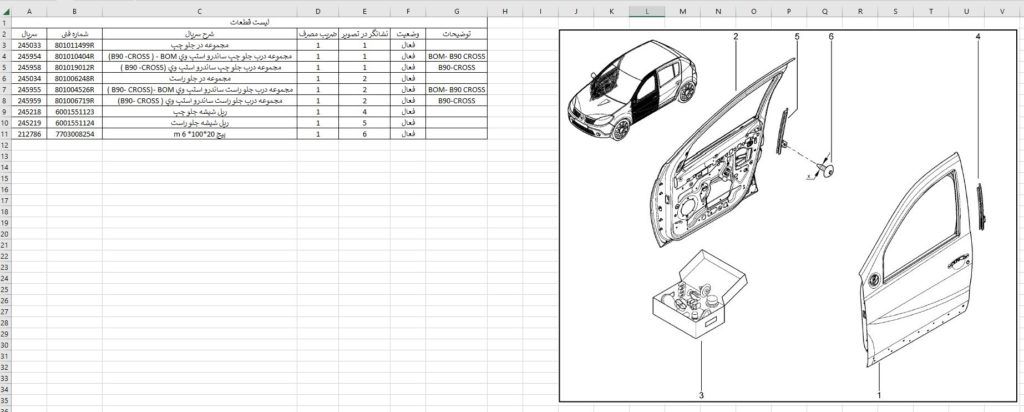 لیست اکسل کاتالوگ شماره فنی قطعات خودروی رنو ساندرو سایپا RENAULT SANDERO Spare Parts Catalog
