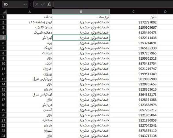 لیست شماره موبایل خدمات موتور ماشین تهران