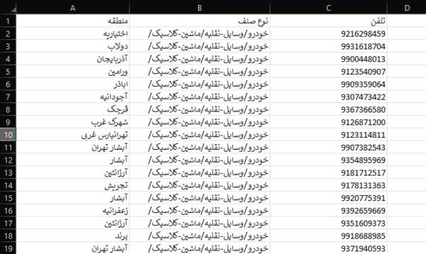 لیست اکسل موبایل مشاغل خودرو وسایل نقلیه ماشین کلاسیک تهران